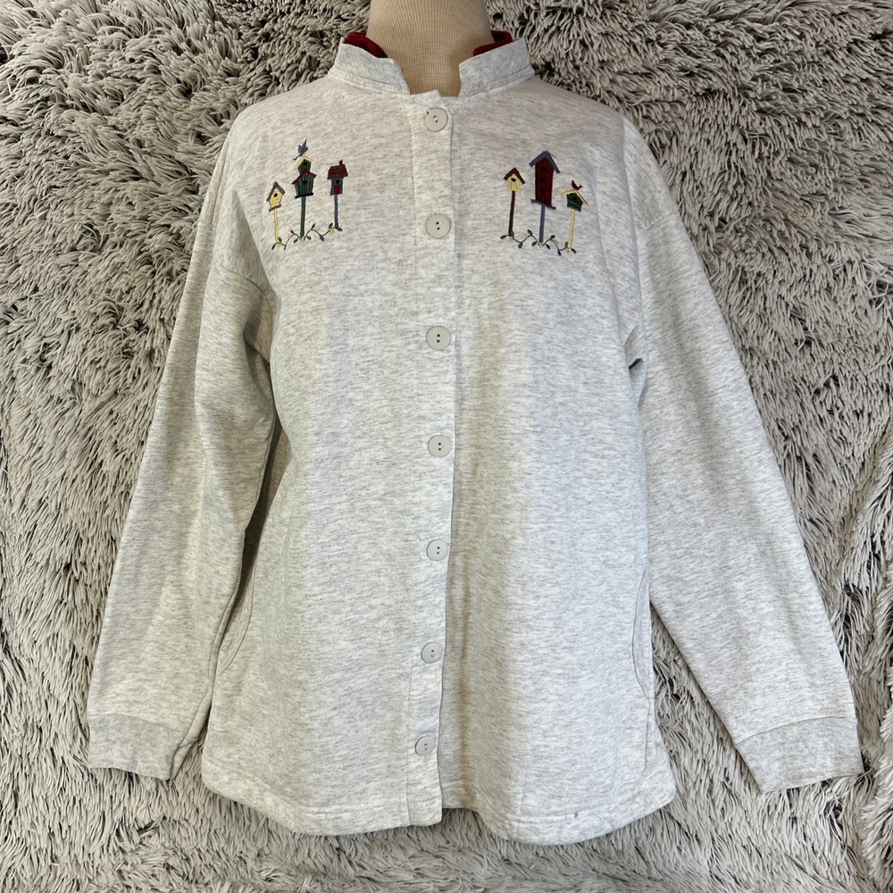 Vintage Top Stitch Sweatshirt L Button Bird Holiday Gray Embroidered Granny